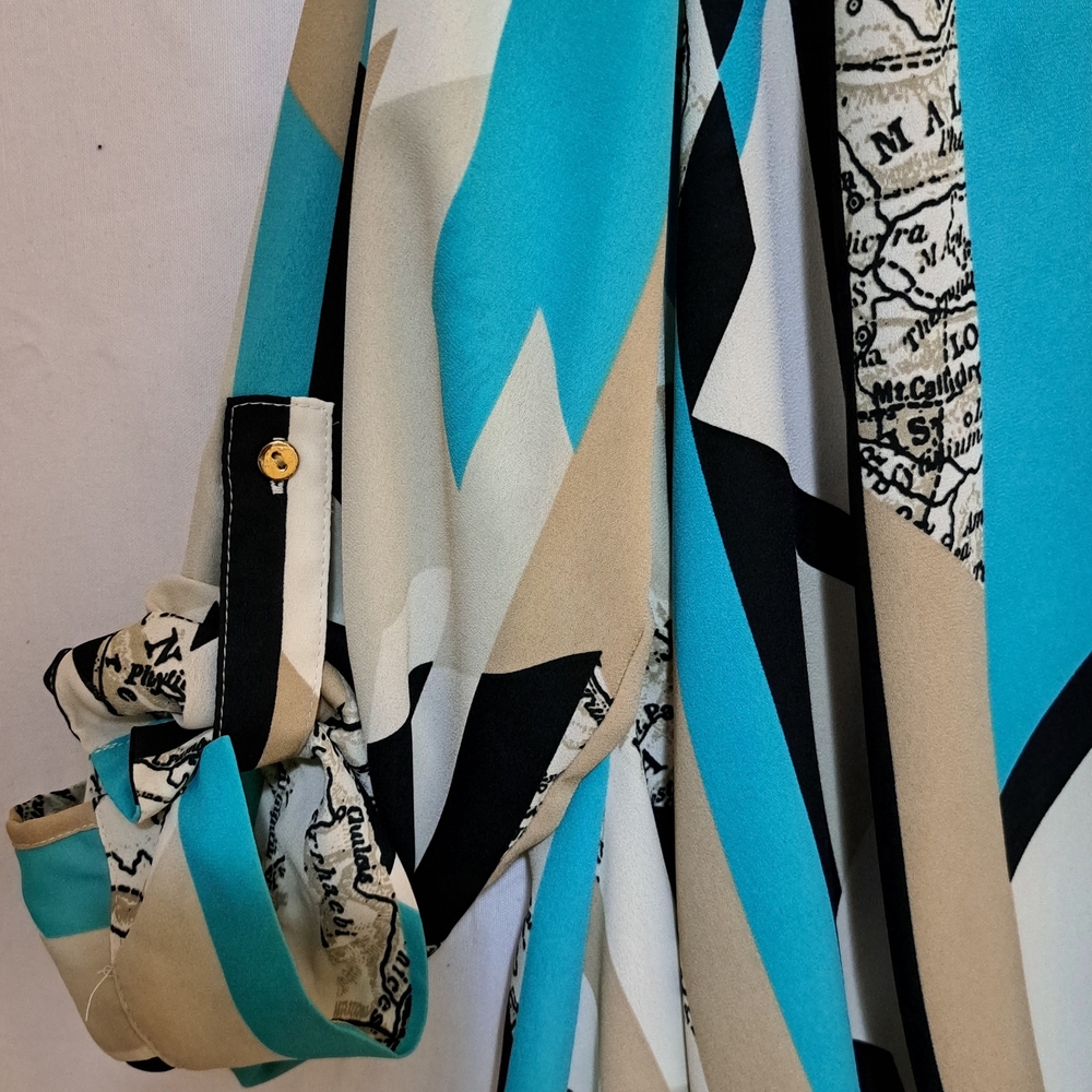 Alfani Womens Geometric Print Blouse Turquoise Black Tan Split Neck Top Sz 10 - Picture 5 of 7